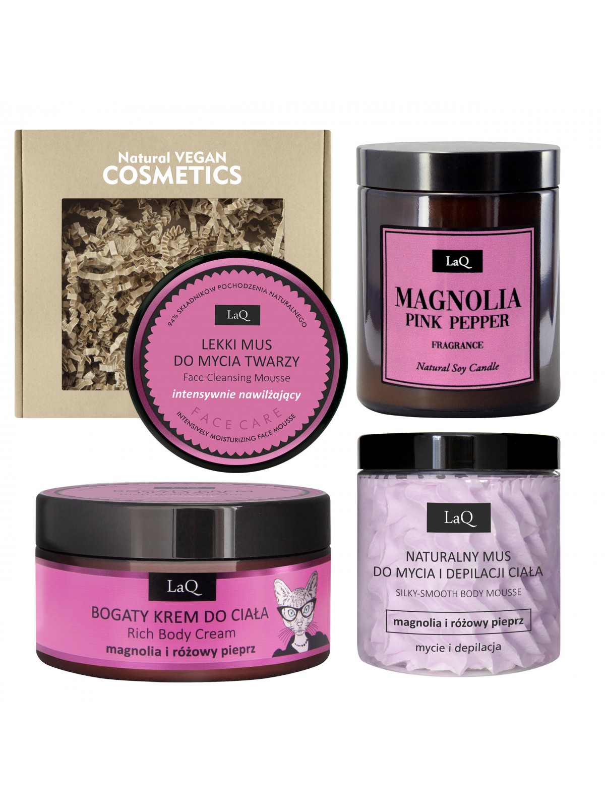 Set: Body mousse + Face mousse + Body butter + Candle MAGNOLIA