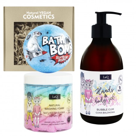 Set: Shower gel for children﻿ + 3-color cleansing body mousse + ﻿Bath bomb Surprise - BUBBLE GUM