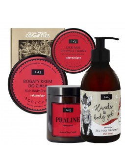 Set: Shower Gel + Face Cleansing Mousse + Cream for body +  Soy Candle PRALINE