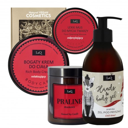 Set: Shower Gel + Face Cleansing Mousse + Cream for body +  Soy Candle PRALINE