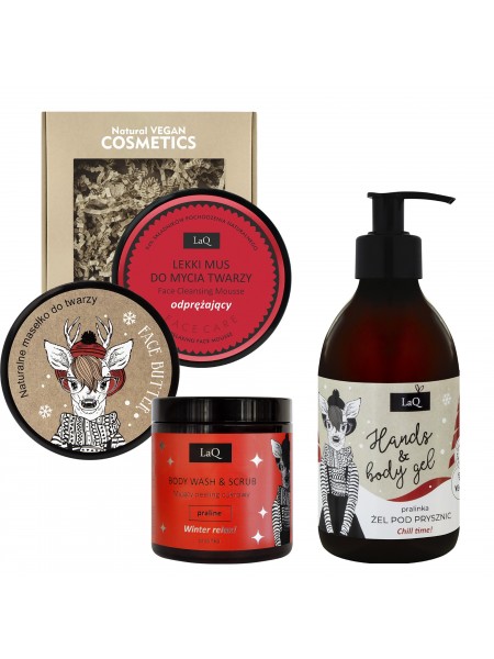 Set: Shower Gel + Face Cleansing Mousse + Face Butter + Wash and Scrub Peeling PRALINE