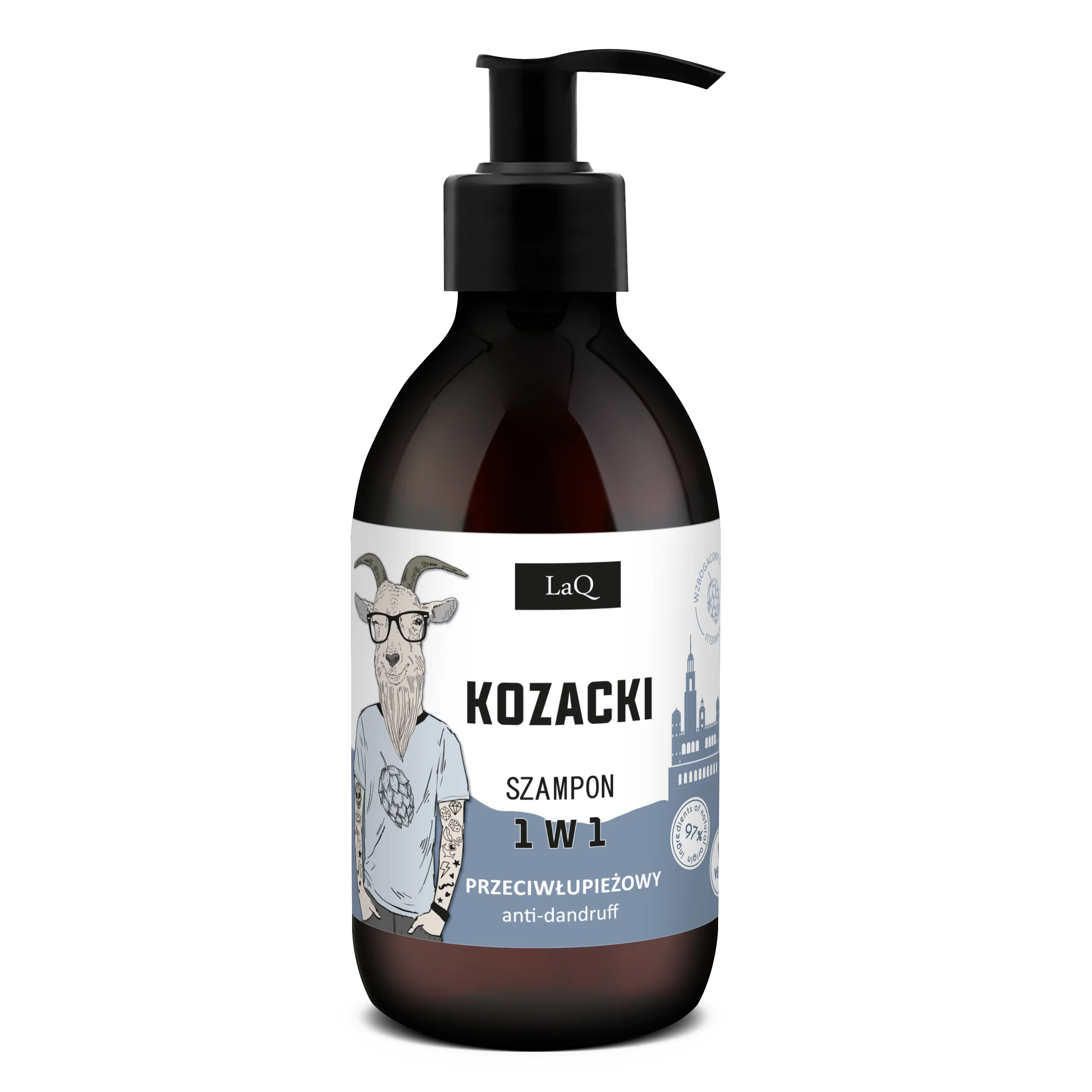 LaQ Kozacki szampon przeciwłupieżowy w butelce 300 ml z pompką, na etykiecie Kozioł w okularch i koszulce