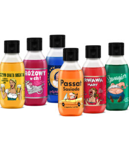 Shots! zestaw sześciu mini żeli pod prysznic 100 ml każdy, Czym Chata Bogata o zapachu nieproszonych gości, Różowy w Ch! dla tych co patrzą na mycie przez różowe okulary, Gwiezdny Pył żeby s... nie ciągnął się za tobą latami, Passat Sąsiada o zapachu 1.9 TDI, Krwawa Mary kiedy trafia cię szlag jasny, Szawgier o zapachu spoconego hydraulika