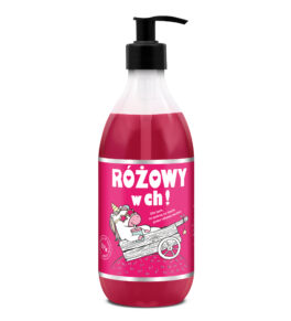 żel pod prysznic Różowy w Ch! 500 ml Shots! w butelce z pompką, różowy żel z różową etykietą i jednorożcem w różowych okularach