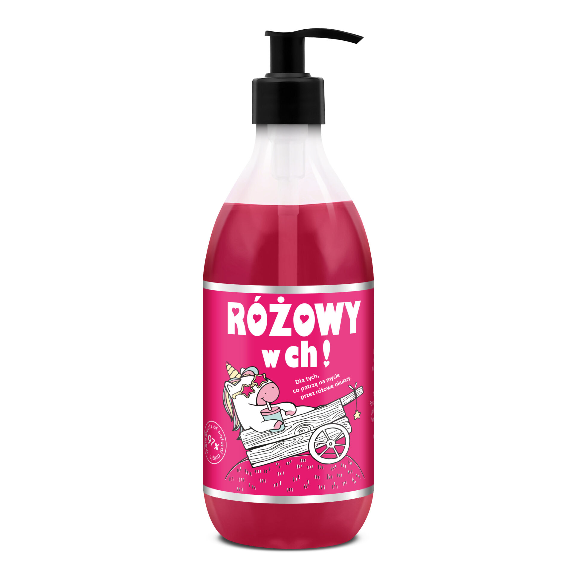 żel pod prysznic Różowy w Ch! 500 ml Shots! w butelce z pompką, różowy żel z różową etykietą i jednorożcem w różowych okularach