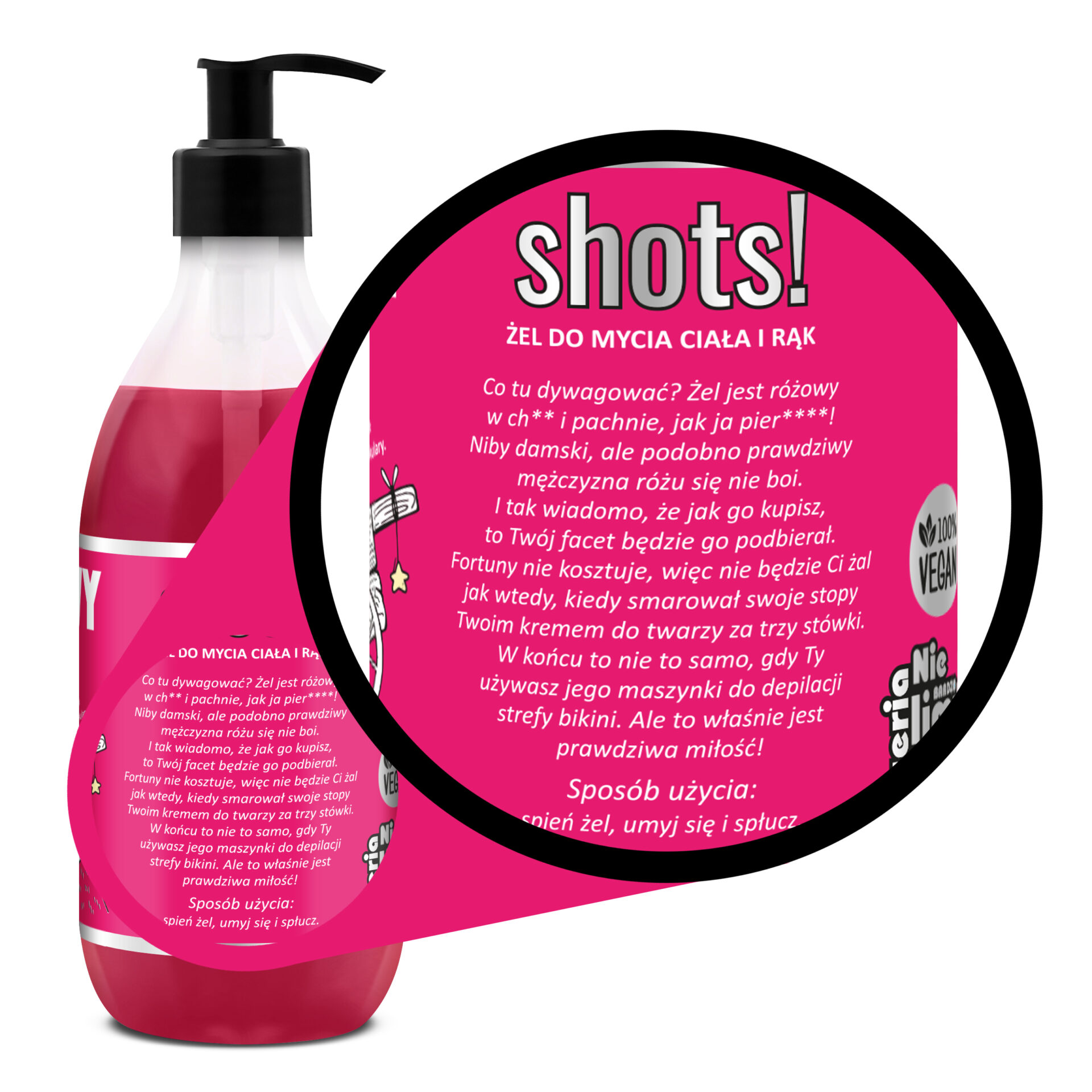 el pod prysznic Różowy w Ch! 500 ml Shots! w butelce z pompką, różowy żel z różową etykietą i jednorożcem w różowych okularach-tekst etykiety