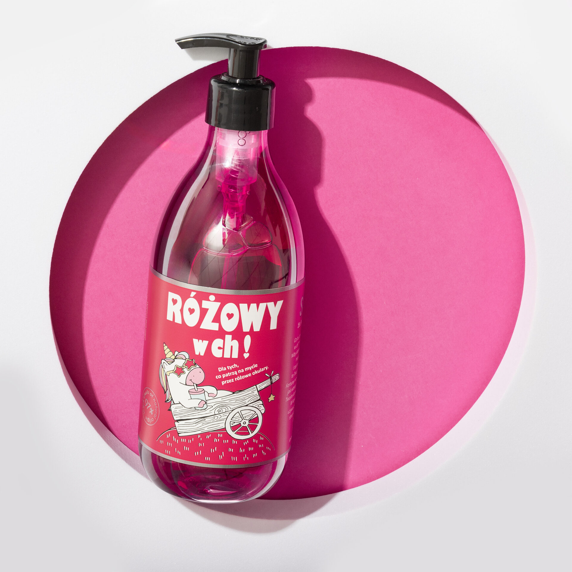 żel pod prysznic Różowy w Ch! 500 ml Shots! w butelce z pompką, różowy żel z różową etykietą i jednorożcem w różowych okularach