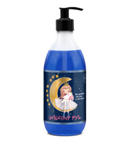 żel pod prysznic Gwiezdny Pył 500 ml Shots! w butelce z pompką, niebieski żel w butelce z granatową etykietą z napisem Bo gwiazdą się jest, a nie bywa!