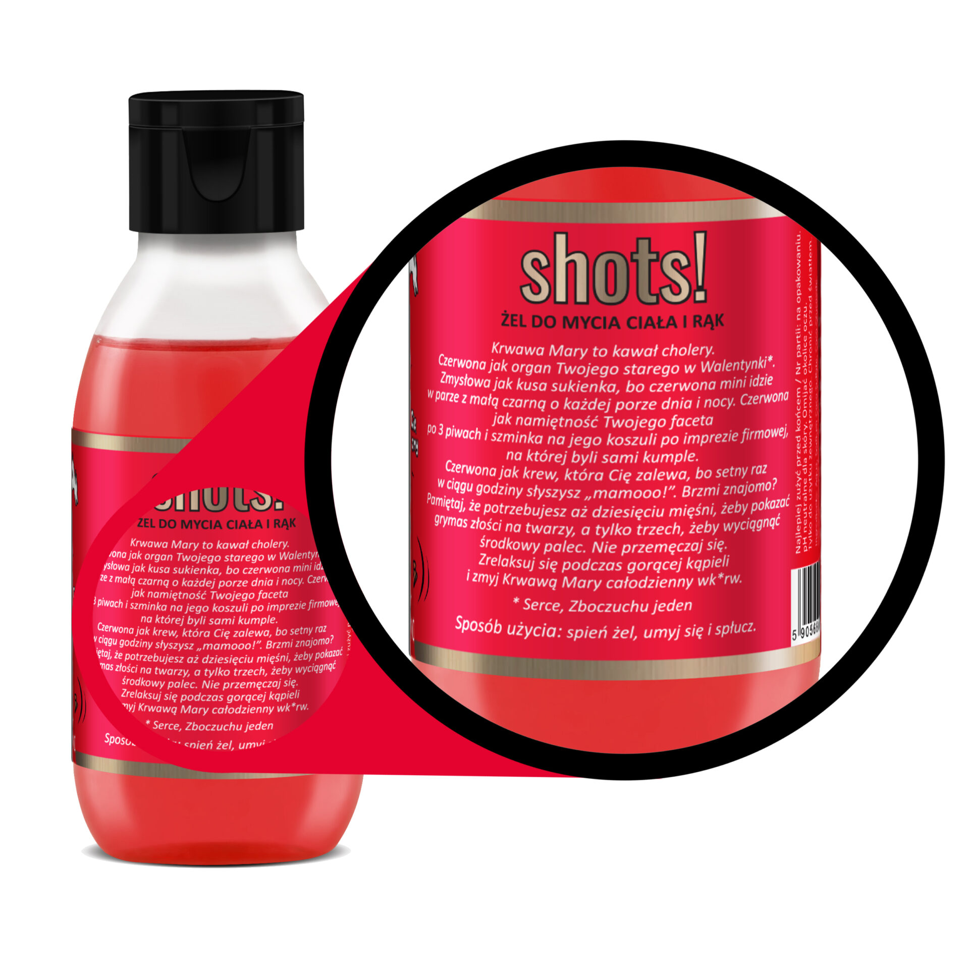 Shots! mini żel pod prysznic 100 ml Krwawa Mary kiedy trafi Cię szlag jasny, przybliżenie opisu na etykiecie