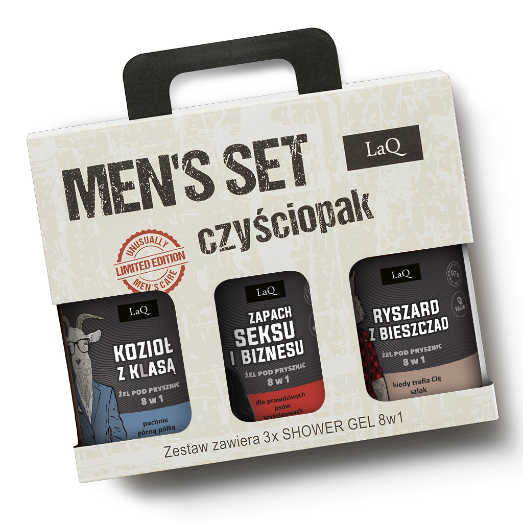 LaQ zestaw męski czyściopak zawiera trzy żele pod prysznic 500 ml z ciemnymi etykietami, Kozioł z Klasą, Zapach Seksu i Biznesu oraz Ryszrad z Bieszczad zapakowane w kartoniku z uchwytem