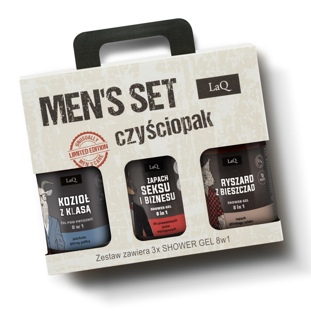 LaQ zestaw męski czyściopak zawiera trzy żele pod prysznic 500 ml z ciemnymi etykietami, Kozioł z Klasą, Zapach Seksu i Biznesu oraz Ryszrad z Bieszczad zapakowane w kartoniku z uchwytem