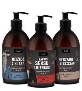 LaQ zestaw męski czyściopak zawiera trzy żele pod prysznic 500 ml z ciemnymi etykietami, Kozioł z Klasą, Zapach Seksu i Biznesu oraz Ryszrad z Bieszczad