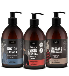 LaQ zestaw męski czyściopak zawiera trzy żele pod prysznic 500 ml z ciemnymi etykietami, Kozioł z Klasą, Zapach Seksu i Biznesu oraz Ryszrad z Bieszczad
