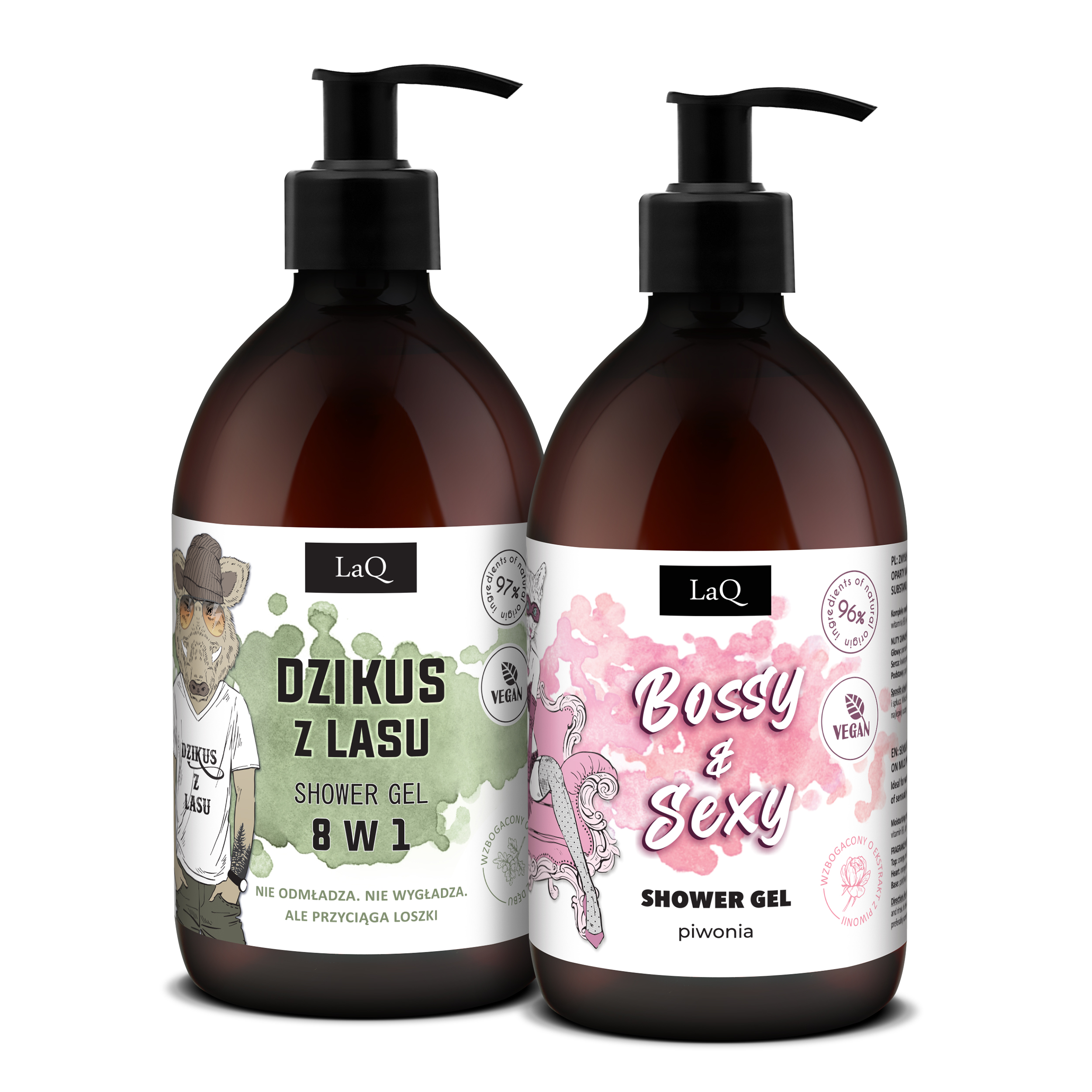 zestaw żeli pod prysznic dla niego i dla niej, zawieraz żel męski Dzikus z Lasu 500 ml w butelce z pompką oraz żel damski Piwonia w butelce 500 ml z pompką