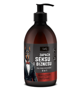 LaQ żel pod prysznic LaQ Zapach Seksu i Biznesu 500 ml z czarną etykieta z Dobermanem w garniturze