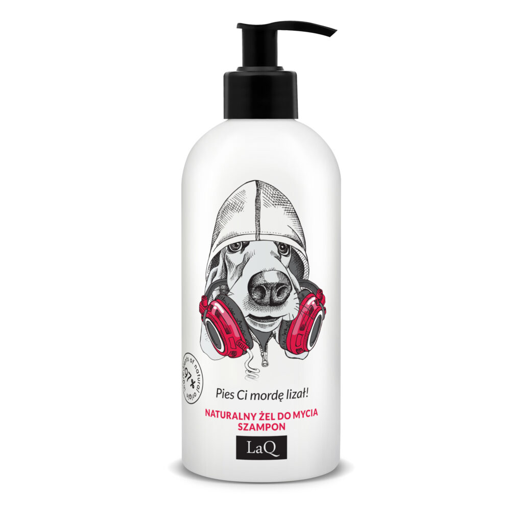 LaQ szampon i żel pod prysznic 2w1 w białej butelce 300 ml z pompką, etykieta z psem w bluzie z kapturem i słuchawkami