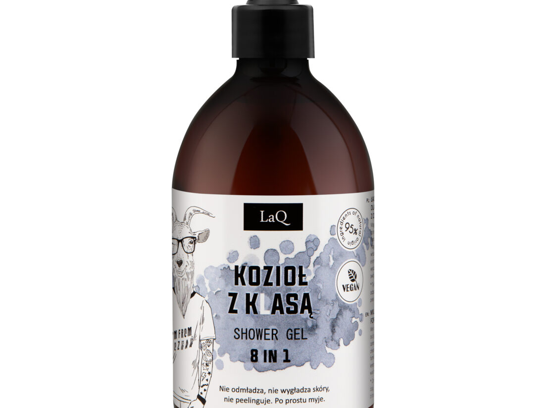 LaQ żel pod prysznic Kozioł z Klasą w butelce 500 ml z pompką i białą etykietą z kozłem w koszulce I'm From Poznań i okularach