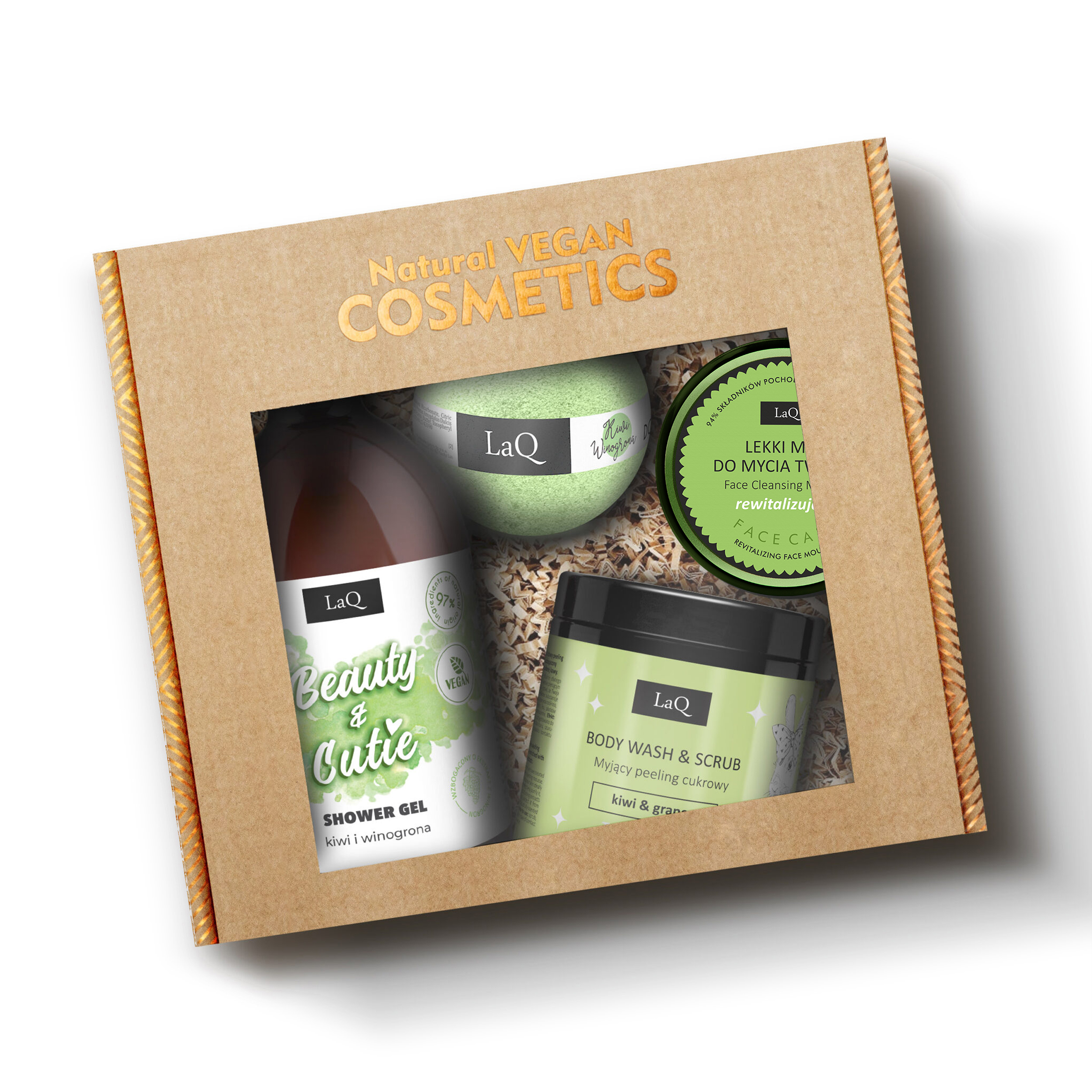 zestaw kosmetyków dla kobiet LaQ Kiwi i Winogrona-zawiera żel pod prysznic 500 ml, peeling myjący w słoiku, mus do mycia twarzy oraz kulę kąpielową