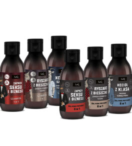 LaQ zestaw 3 x szampon 100 ml i 3 x żel 100 ml Doberman, Ryszard z Bieszczad i Kozioł z Klasą, ciemne etykiety