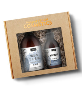 LaQ zestaw Kozioł z Klasą żel pod prysznic 500 ml z białą etykietą oraz Kozacki szampon przeciwłupieżowy 300 ml z białą etykietą w kartoniku na sianku