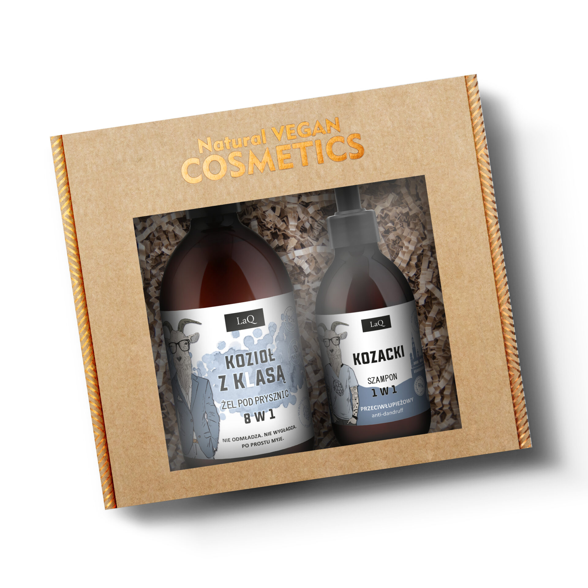 LaQ zestaw Kozioł z Klasą żel pod prysznic 500 ml z białą etykietą oraz Kozacki szampon przeciwłupieżowy 300 ml z białą etykietą w kartoniku na sianku