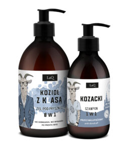 LaQ zestaw Kozioł z Klasą żel pod prysznic 500 ml z białą etykietą oraz Kozacki szampon przeciwłupieżowy 300 ml z białą etykietą