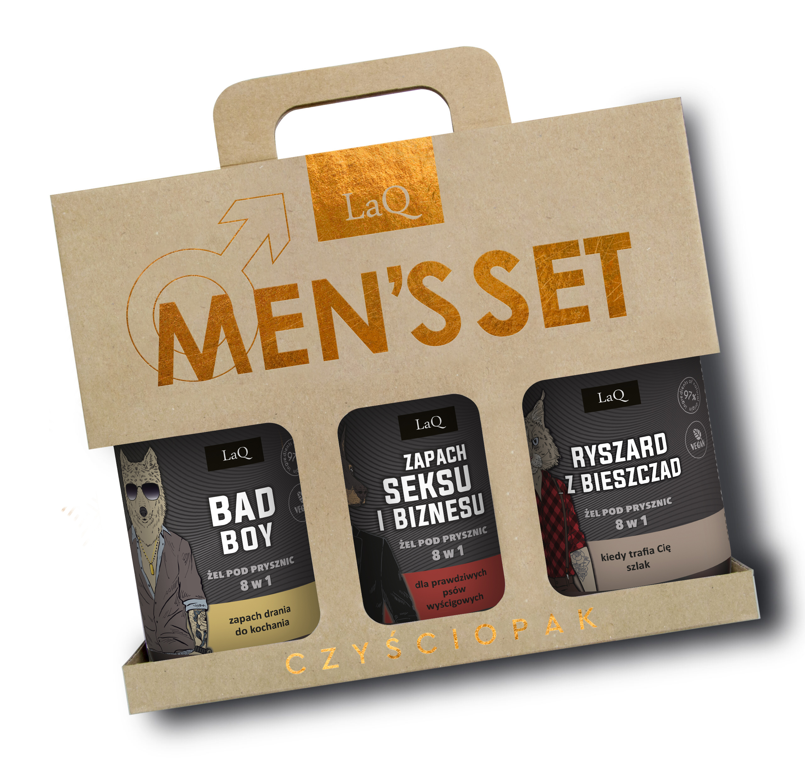 LaQ zestaw czyściopak trzy 500 ml żele pod prysznic Zapach Seksu i Biznesu Doberman czarna etykieta, Bad Boy i Ryszard z Bieszczad czarna etykieta.