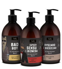 LaQ zestaw trzech żeli pod prysznic 500 ml Zapach Seksu i Biznesu, Bad Boy i Ryszrad z Bieszczad