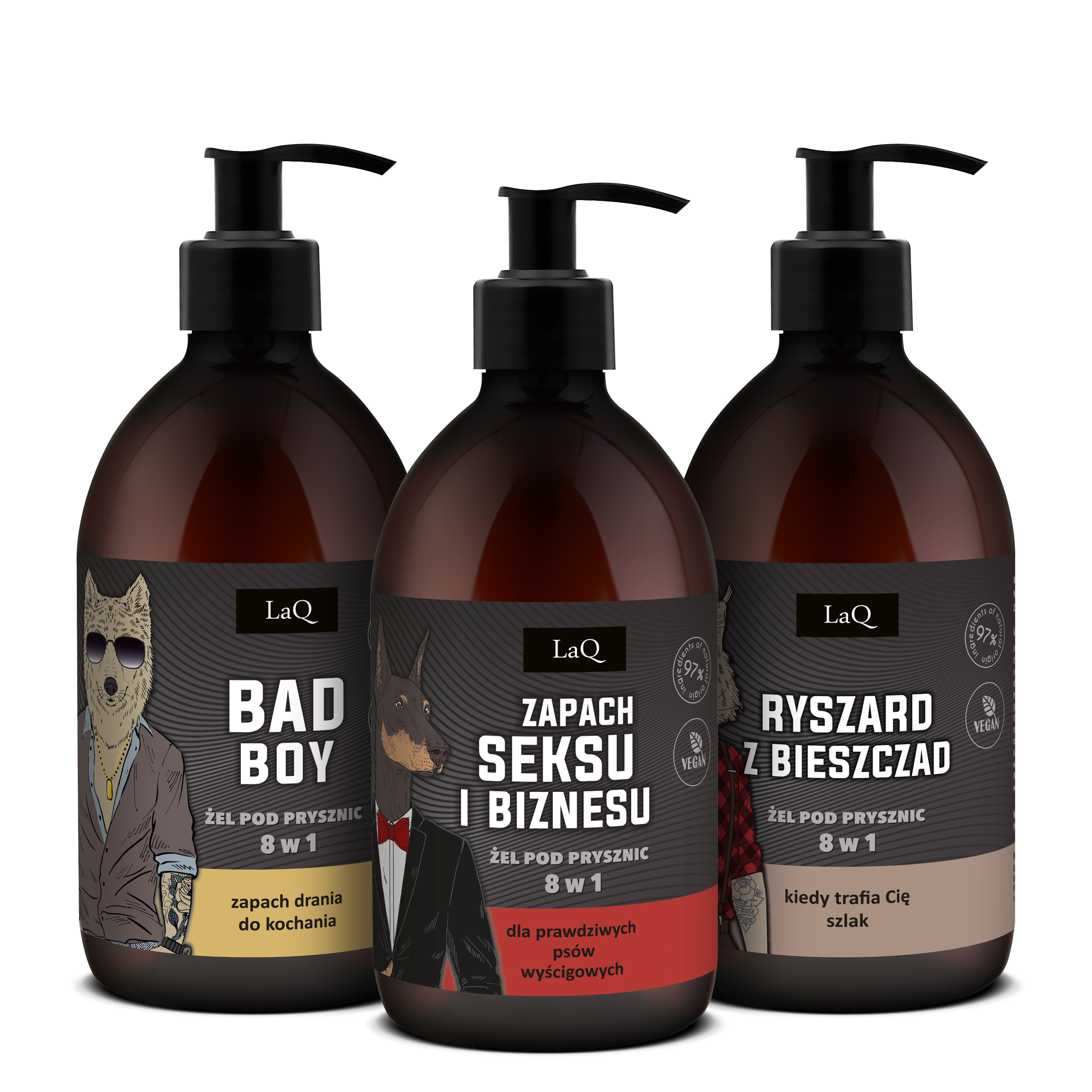 LaQ zestaw trzech żeli pod prysznic 500 ml Zapach Seksu i Biznesu, Bad Boy i Ryszrad z Bieszczad