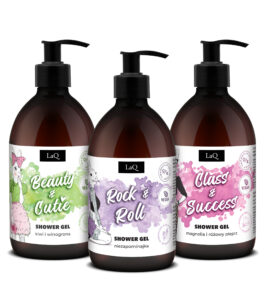 LaQ żele 500 ml Beauty&Cutie kiwi i winogrona, Rock&Roll niezapominajka, Class&Success magnolia i różowy pieprz