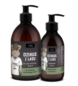 LaQ zestaw Dzikus z Lasu żel pod prysznic 500 ml z czarną etykietą oraz szampon wzmacniający 300 ml z czarną etykietą