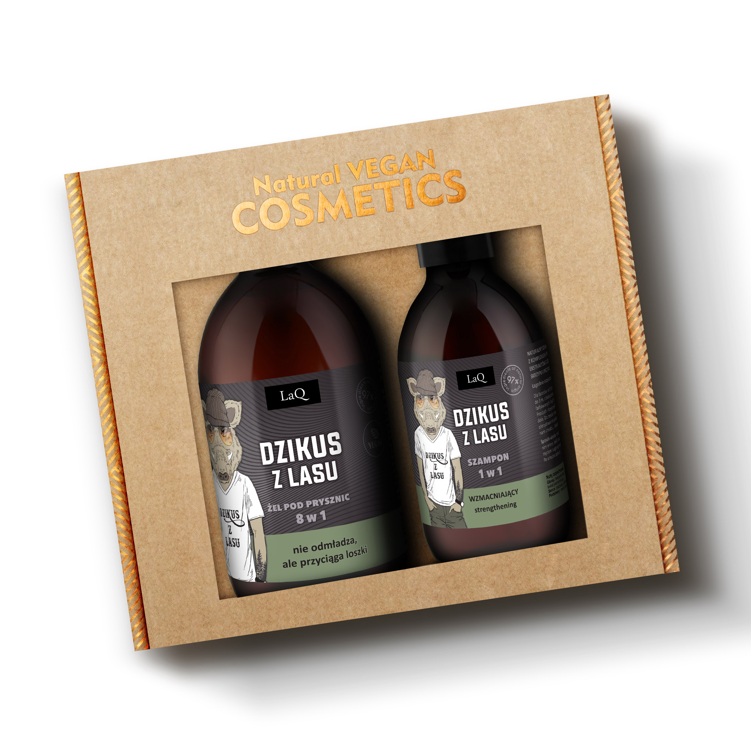 LaQ zestaw Dzikus z Lasu żel pod prysznic 500 ml z czarną etykietą oraz szampon wzmacniający 300 ml z czarną etykietą w kartoniku na wkładce