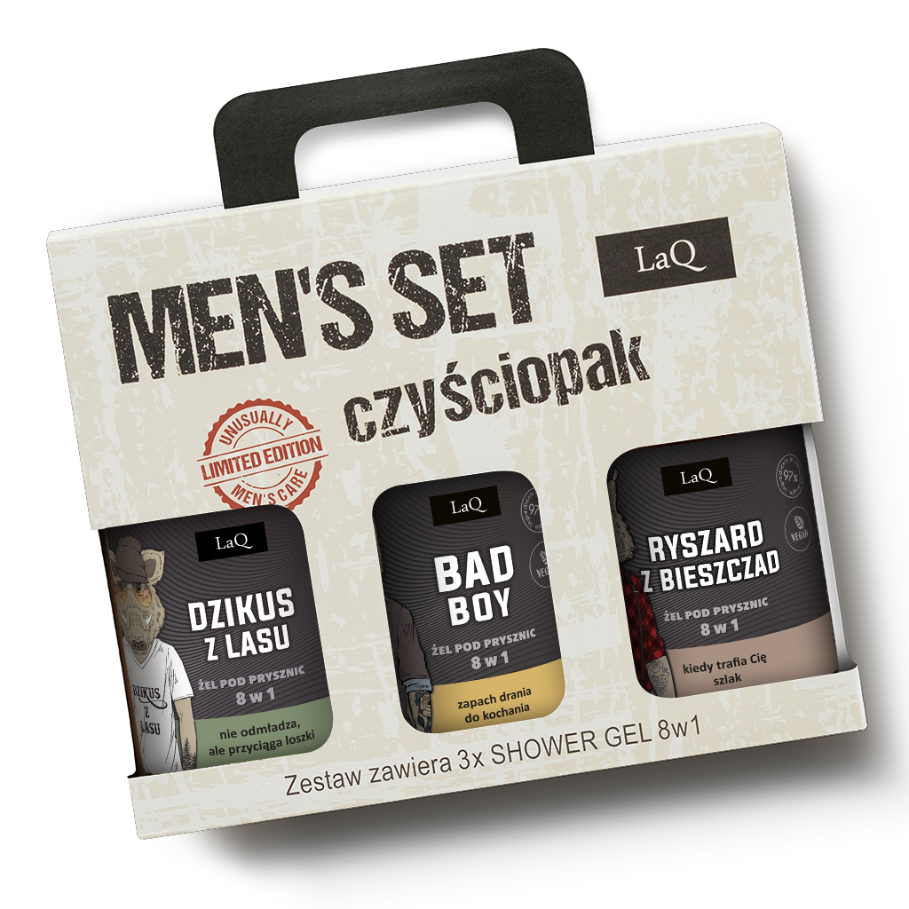 LaQ zestaw czyściopak żeli pod prysznic z ciemnymi etykietami 500 ml każdy, Dzikus z Lasu o zapachu walki o szyszki, Bad Boy o zapachu drania do kochania i Ryszard z Bieszczad o zapachu górskiego szlaku w kartoniku