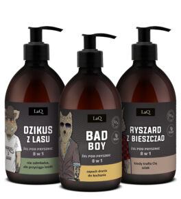 LaQ zestaw żeli pod prysznic z ciemnymi etykietami 500 ml każdy, Dzikus z Lasu o zapachu walki o szyszki, Bad Boy o zapachu drania do kochania i Ryszard z Bieszczad o zapachu górskiego szlaku