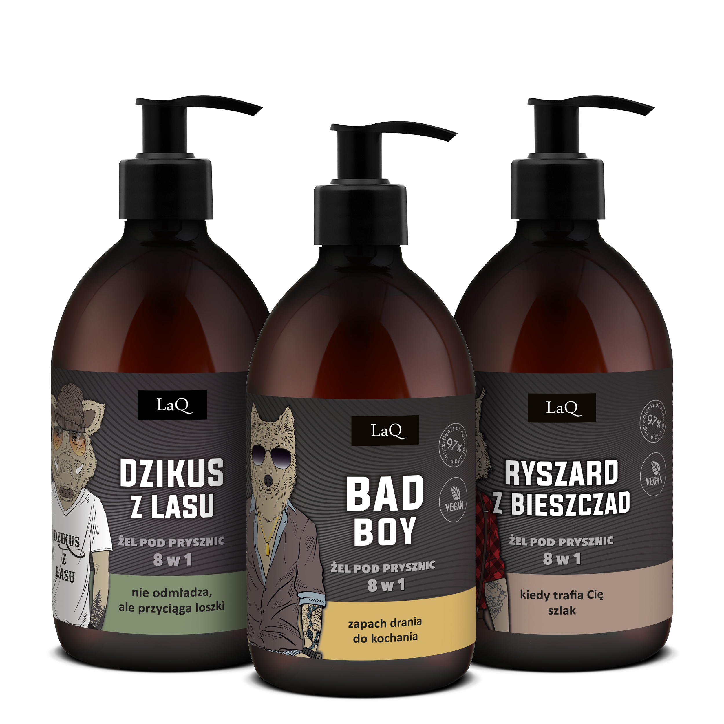 LaQ zestaw żeli pod prysznic z ciemnymi etykietami 500 ml każdy, Dzikus z Lasu o zapachu walki o szyszki, Bad Boy o zapachu drania do kochania i Ryszard z Bieszczad o zapachu górskiego szlaku