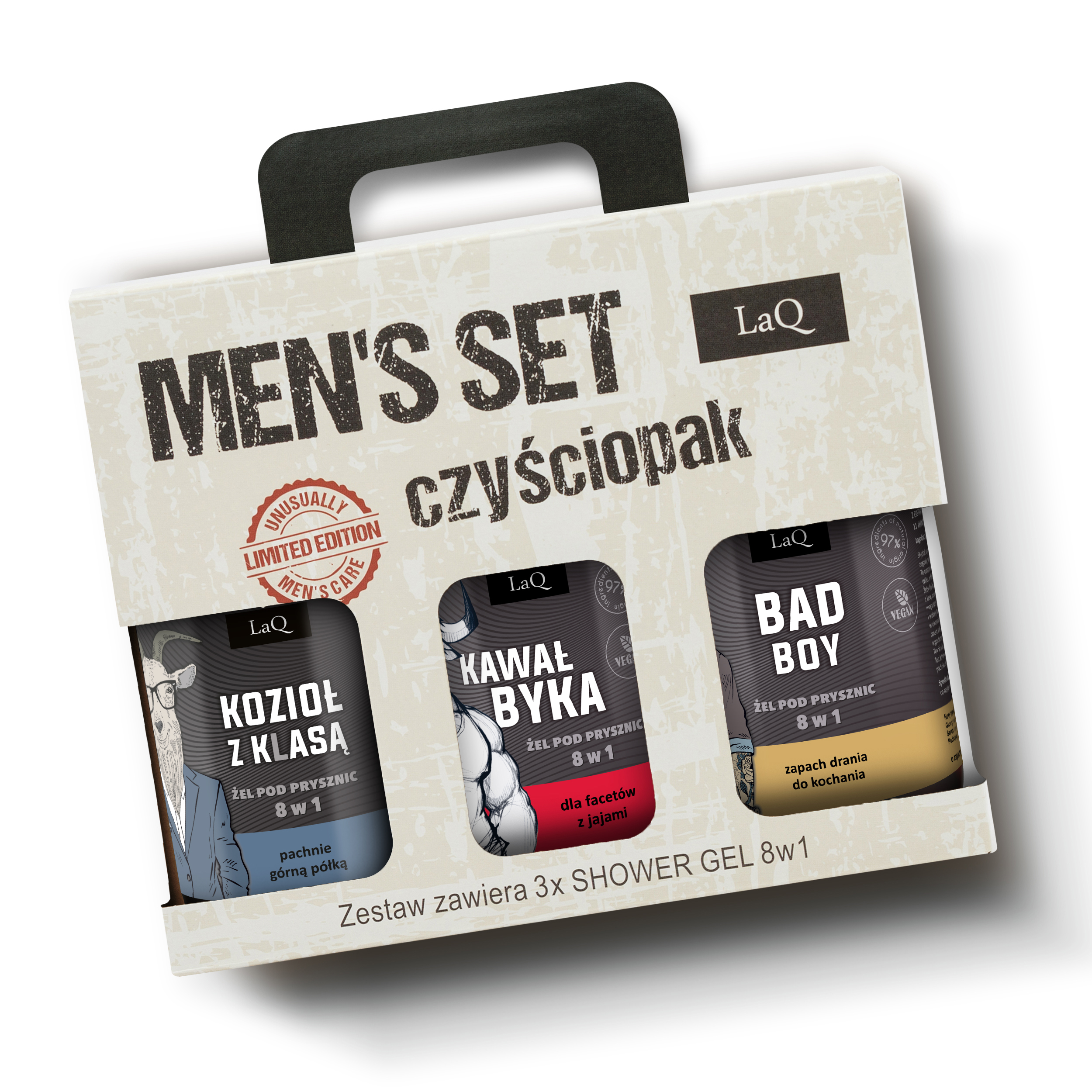 zestaw żeli pod prysznic dla mężczyzn marki LaQ 3x500 ml , zawiera żele Kawał Byka, Bad Boy oraz Kozioł z klasą w kartoniku prezentowym z uchwytem