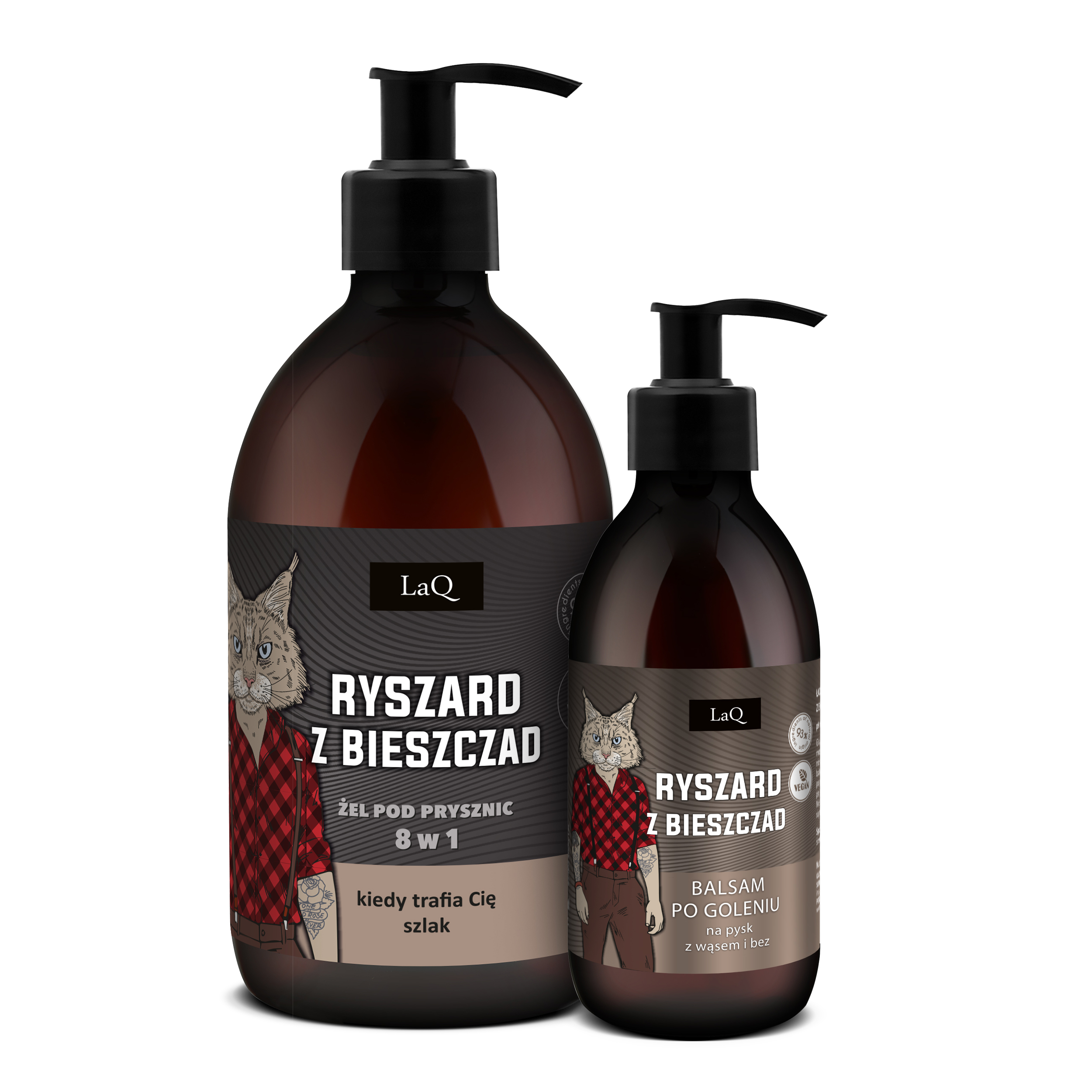 zestaw kosmetyków dla męzczyzny marki LaQ Ryszard z Bieszczad, który zawiera żel pod prysznic 500 ml w brązowej butelce z pompką oraz balsam po goleniu w butelce z pompką 150 ml, etykieta z Rysiem w czerwonej koszuli w kratę