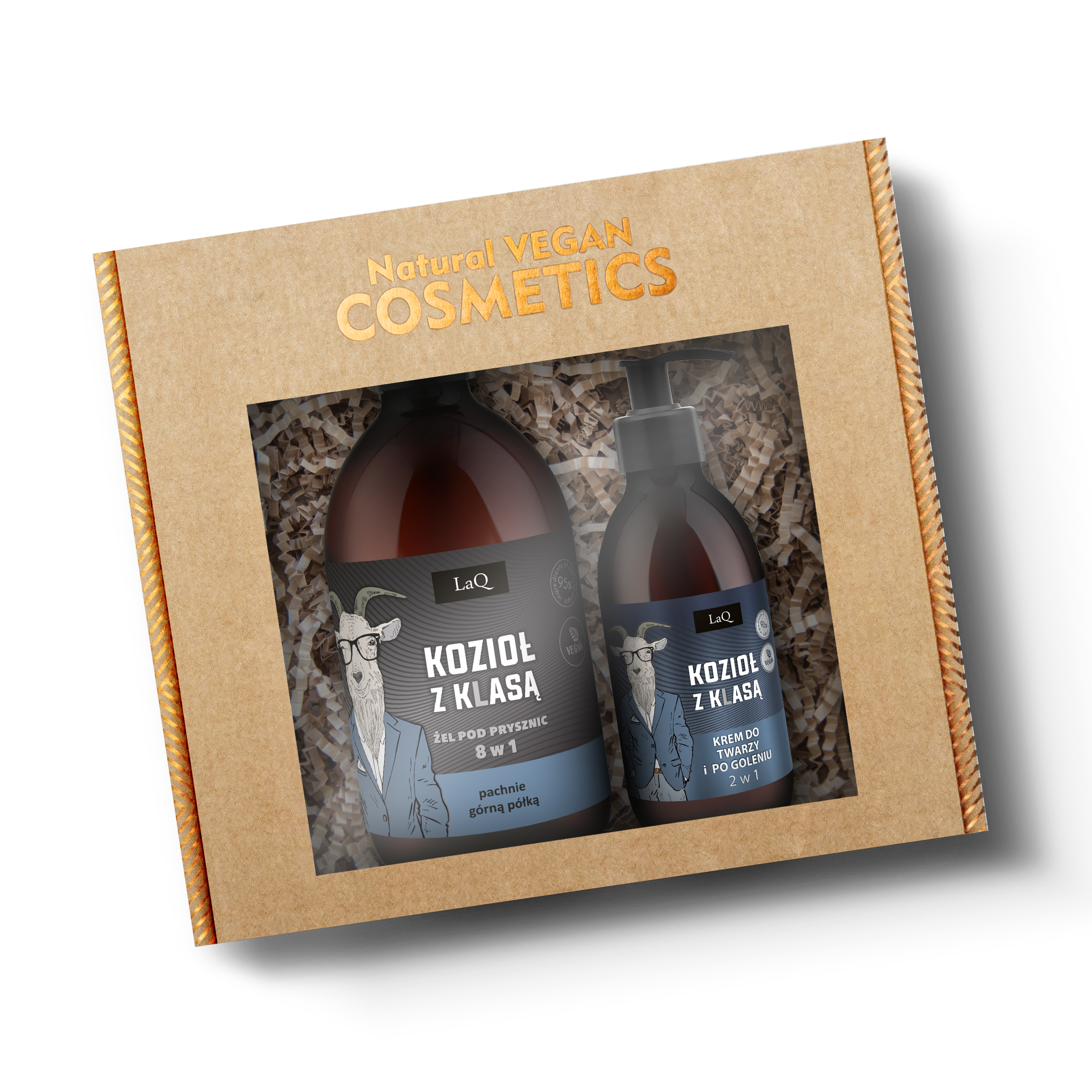zestaw Kozioł z Klasą zawiera żel pod prysznic 500 ml w butelce z pompką z czarną etykietą oraz krem do twarzy i po goleniu 2 w 1 w butelce 150 ml z pompką zapakowane w kartonik prezentowy