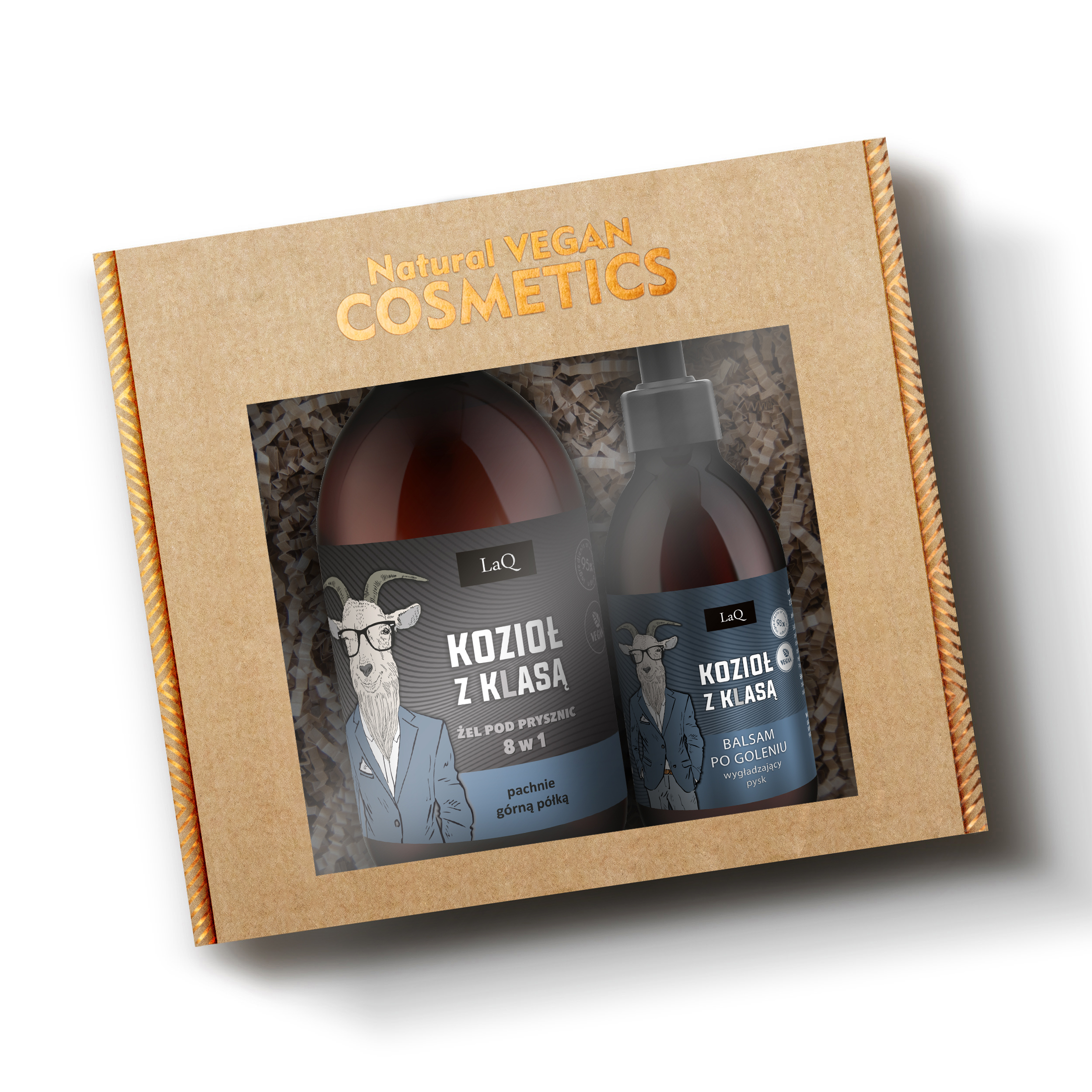 zestaw Kozioł z Klasą zawiera żel pod prysznic 500 ml w butelce z pompką z czarną etykietą oraz balsam po goleniu w butelce 150 ml z pompką zapakowane w pudełko prezentowe