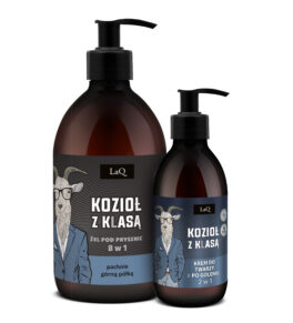 zestaw Kozioł z Klasą zawiera żel pod prysznic 500 ml w butelce z pompką z czarną etykietą oraz krem do twarzy i po goleniu 2 w 1 w butelce 150 ml z pompką