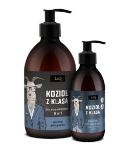 zestaw Kozioł z Klasą zawiera żel pod prysznic 500 ml w butelce z pompką z czarną etykietą oraz balsam po goleniu w butelce 150 ml z pompką