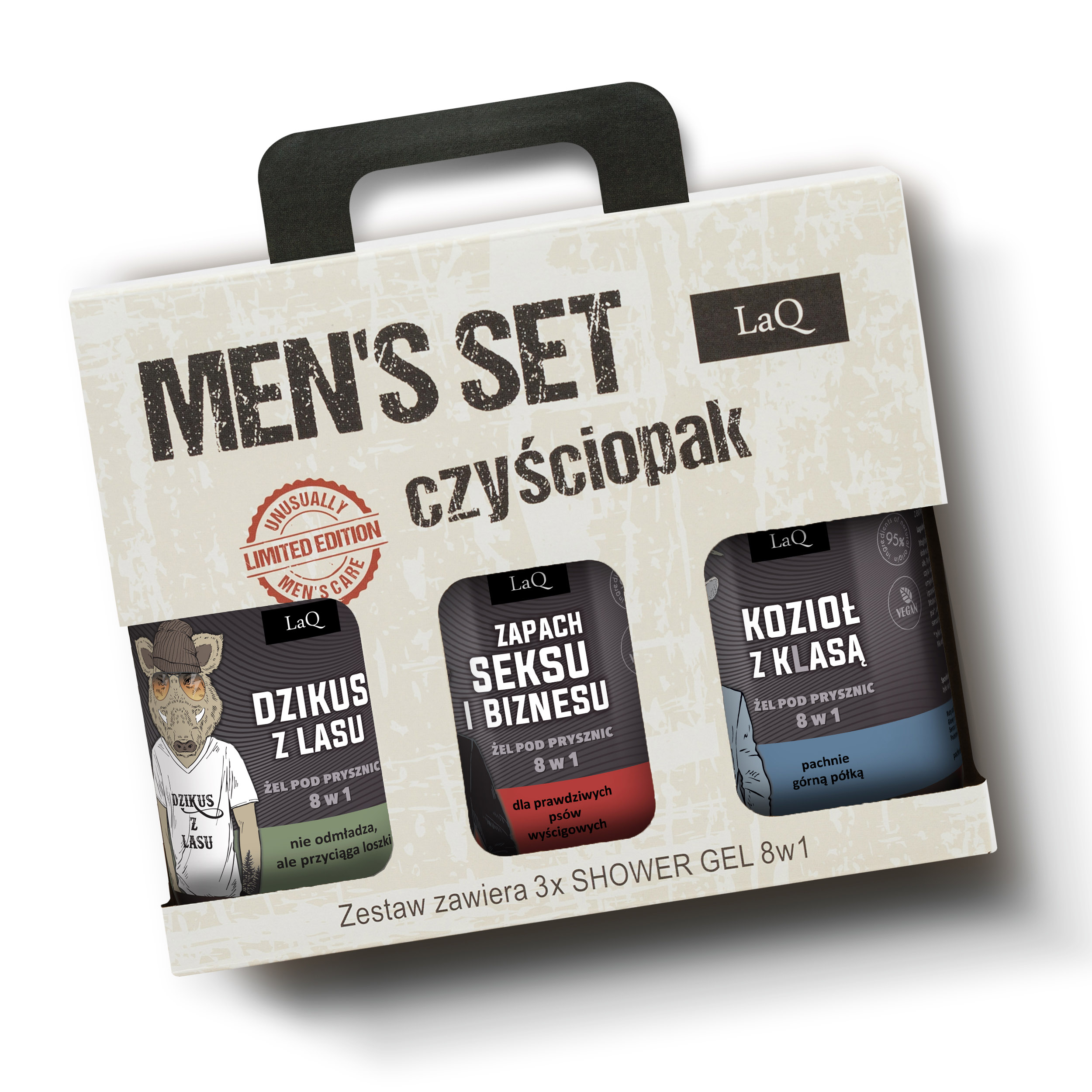 zestaw żeli pod prysznic dla mężczyzn marki LaQ 3x500 ml , zawiera żel Dzikus z Lasu, Seks i Bizness oraz Kozioł z Klasą w kartoniku prezentowym z uchwytem
