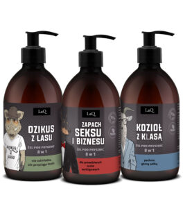 zestaw żeli pod prysznic dla mężczyzn marki LaQ 3x500 ml , zawiera żel Dzikus z Lasu, Seks i Bizness oraz Kozioł z Klasą