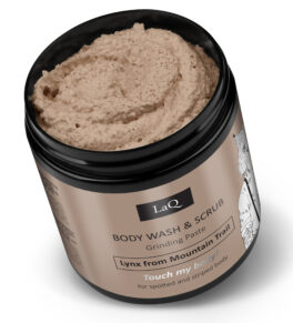 washing sugar scrub for men in a black open jar 220 g with a brown label with a figure of a lynx in a shirt