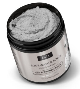 Cleansing Sugar Scrub for men in a 220g open black jar with a gray label, featuring a Doberman in a suit.
