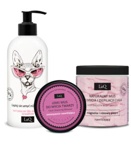 zestaw LaQ dla nastolatki zawiera żel pod prysznic 2w1, mus do mycia i depilacji oraz mus do mycia twarzy