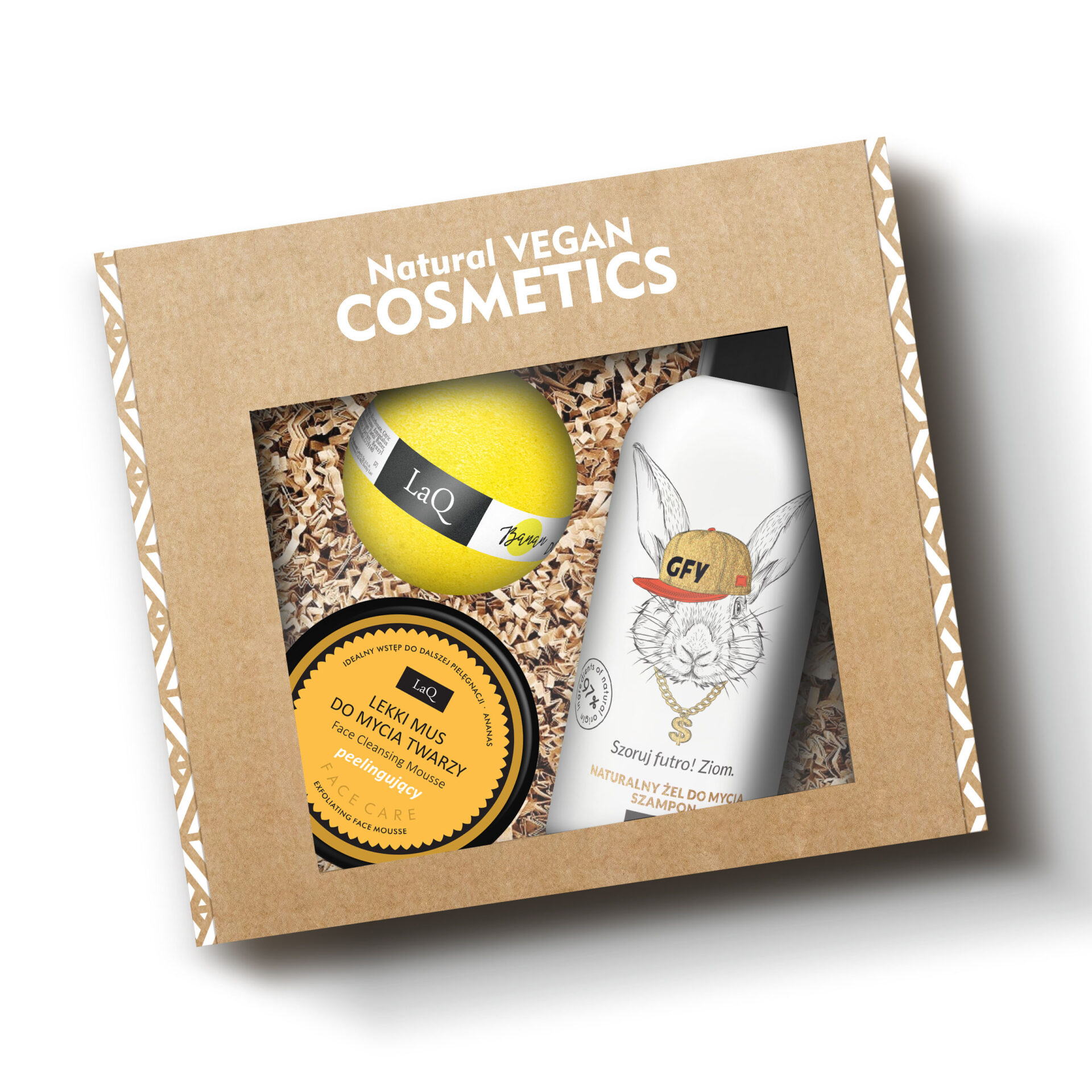 zestaw LaQ dla nastolatka zawiera żel pod prysznic 2w1, bananową kulę kąpielową oraz mus do mycia twarzy w kartoniku prezentowym