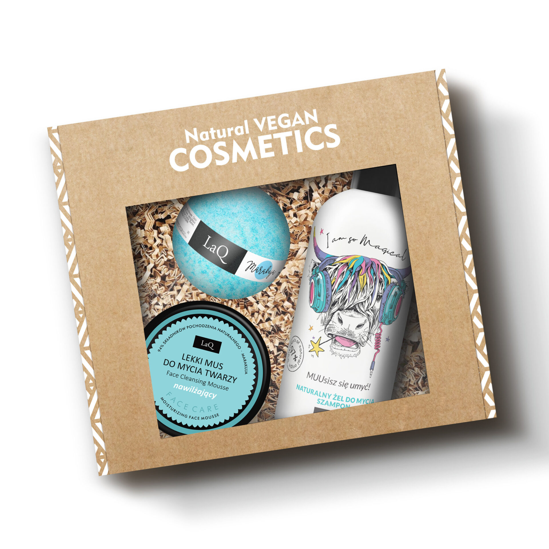 zestaw LaQ dla nastolatka zawiera żel pod prysznic 2w1, kulę kąpielową oraz mus do mycia twarzy w kartoniku prezentowym