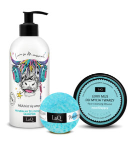 zestaw LaQ dla nastolatka zawiera żel pod prysznic 2w1, kulę kąpielową oraz mus do mycia twarzy