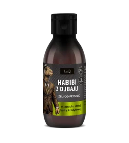 żel pod prysznic dla mężczyzn LaQ Habibi z Dubaju w brązowej butelce 100 ml z etykietą z wielbłądem w garniturze
